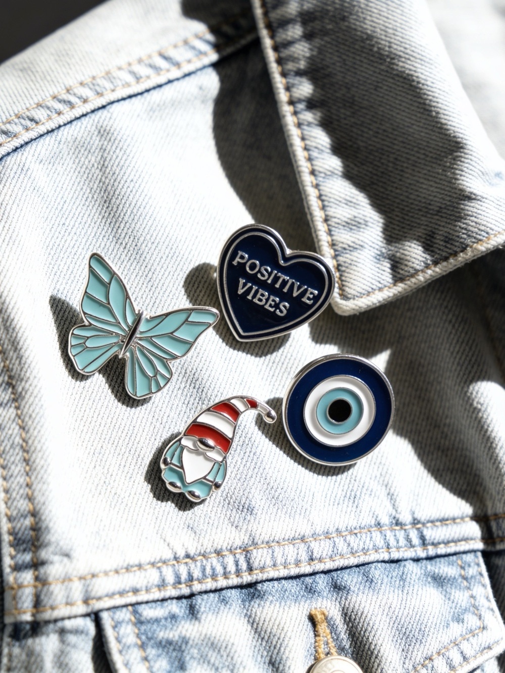 Enamel Pin Set - Blue Butterfly, Navy 'Positive Vibes', Evil Eye & Gnome